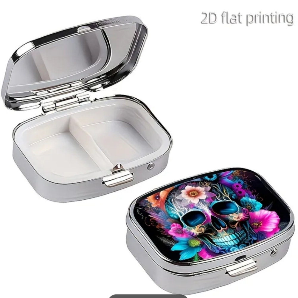 🆕️💊☠️SUGAR SKULL PORTABLE METAL PILL BOX ORGANIZER WITH MIRROR☠️💊 - Picture 5 of 13